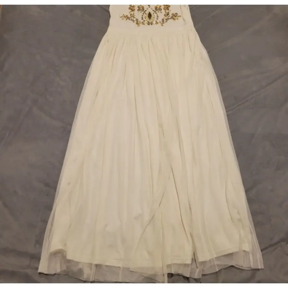 Mia Joy Girls Ivory Maxi Dress With Gold Embellished Bodice Flutter Sleeves & Fl - Picture 8 of 16